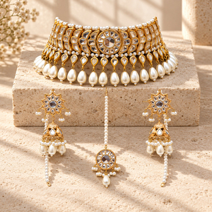 Venta al por Mayor de Conjuntos de Joyería Nupcial Chapados en Oro con Perlas, Collar de Gargantilla, Pendientes Jhumka y Tikka, Fabricante al por Mayor - Product Image 1