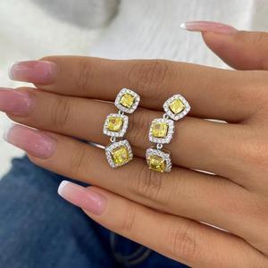 Yellow Cushion Cut <b>Diamond</b> Drop <b>Earrings</b> Halo Cluster <b>Dangle</b> <b>Earrings</b> Three Stone Canary Yellow <b>Diamond</b> Statement <b>Earrings</b> - Product Image 2