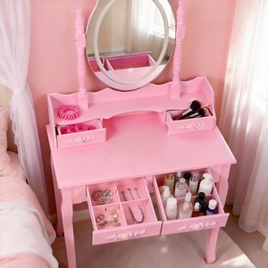 Princess Pink Wooden Makeup Vanity Table with 4 Drawers Light Modes Cushioned Stool for Girls Bedroom Princess Vanity <b>Desk</b> <b>Set</b> - Product Image 6