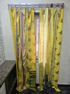 Bohemian Floral Printed Silk Sari Valance Yellow Translucent Window <b>Curtain</b> Fixed Panel Living Room Decor - Product Image 4