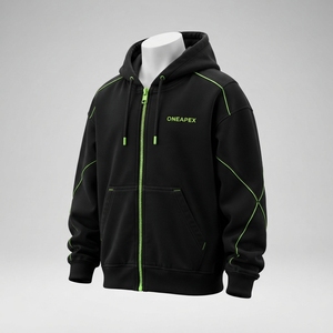Sudadera con Capucha Negra Personalizada con Cierre Completo, Detalles en Verde Neón, Estilo Urbano Holgado - Product Image 3