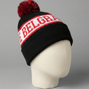 Bonnet noir et rouge avec broderie de lettres, unisexe, adulte, bonnet d'hiver décontracté pour l'extérieur, 100% acrylique, tricoté, avec pompon - Product Image 5