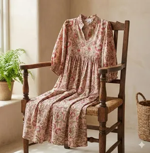 Vintage Floral Block Print Cotton Midi <b>Dress</b> with Puff Sleeves V-Neck <b>Loose</b> Fit Casual Summer <b>Dress</b> For Women - Product Image 2