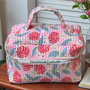 Floral Quilted Cosmetic Case Medium Size Zipper Closure Soft Handle Portable <b>Makeup</b> Bag for Women Travel Gift - Product Image 4