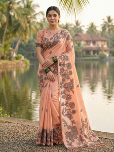Sari en lin imprimé moderne avec chemisier pour les occasions de fête, mariage, Diwali - Product Image 3