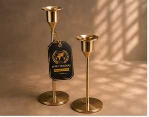 Set of 2 <b>Brass</b> Metal Taper Candle Holders Minimalist Gold <b>Candlestick</b> Stand Modern Tabletop Centerpiece Wedding Dinner Accent - Product Image 1