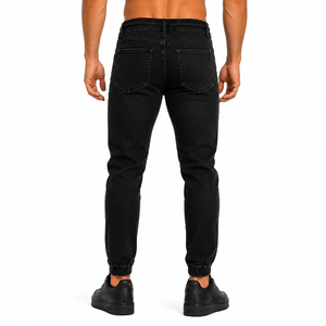 Men's Black High <b>Waist</b> Slim Fit Denim <b>Jeans</b> With Drawstring <b>Elastic</b> <b>Waist</b> And Cuffed Ankle Casual Style Autumn Wear - Product Image 2