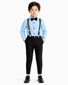 Vêtements pour enfants de marque, chemise boutonnée pour garçons avec pantalon noir classique et ensemble de bretelles rayées - Product Image 3