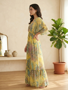 Vestido Largo Bohemio para Mujer, Color Amarillo, Estampado Floral, Estilo Western, Cuello en V Profundo, Mangas Medias, Cintura con Cordón Ajustable, Dobladillo con Volantes en Capas - Product Image 2