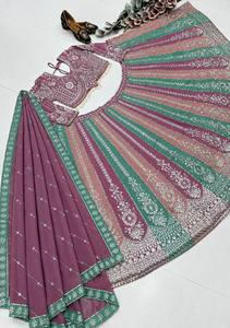 Women's Purple <b>Green</b> <b>Silk</b> Lehenga Choli Set with Embroidered Dupatta - Product Image 5