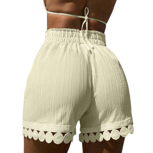 Shorts de plage décontractés pour femmes, taille haute, avec cordon de serrage, bordure en dentelle, légers, pour les vacances d'été, coupe régulière, blanc, 100% XS - Product Image 2