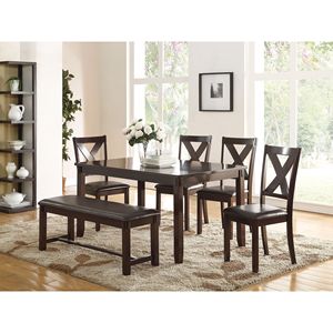 Set di Mobili per Sala da Pranzo Moderno e Casual in 6 Pezzi, Finitura Espresso, Include Tavolo da Pranzo, 4 Sedie Laterali, Panca in Legno di Gomma e Betulla Impiallacciata - Product Image 1