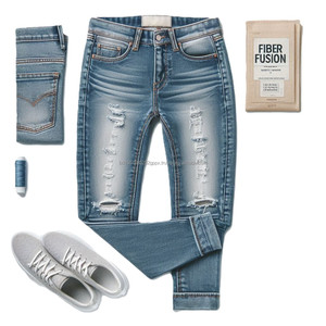 Stijlvolle Casual Katoenen Denim Jeans Met Strakke Straight Losse Pasvorm En Distressed Gescheurd Gewassen Voor <span class=keywords><strong>Sexy</strong></span> Modieuze Stijlen - Product Image 1