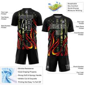 Uniforme de Fútbol Personalizado para Hombre, Manga Corta, Negro con Llamas Rojas Sublimadas, Absorbente de Humedad, Corte Regular, Uniforme para Adultos, Fabricante OEM - Product Image 2