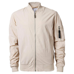 Blouson Bomber Beige Homme à Fermeture Éclair, Col Montant, Couleur Unie, en Polyester, Coupe Droite, Idéal pour l'Automne - Product Image 4