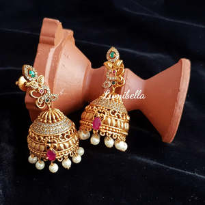 Elegant Antique Imitation Pearl Gold Plated Brass Chandelier Jhumki Earrings-Ethnic Hindu Religious Charm Studs - Product Image 4