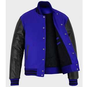 Chaquetas estilo Varsity de invierno en negro/azul, de cuero/lana, para venta en línea a precio económico. - Product Image 4