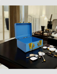 Blue Rectangular Metal Jewelry <b>Box</b> with Gold Hinges and Lid Modern <b>Storage</b> Case <b>for</b> Accessories 1 Layer Design - Product Image 1