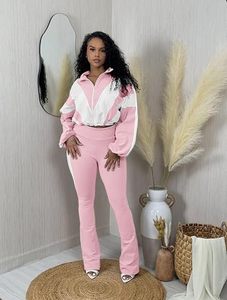 Ensemble coupe-vent tendance 2 pièces pour femme : veste courte et pantalon taille haute à jambes larges, tenue de sport et streetwear assortie - Product Image 1