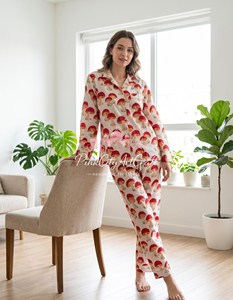 Premium Cotton Flock Print Mushroom Motif Summer Women's Soft Breathable Quick Dry Pajama Set Sleepwear Shirt Lounge Set - Product Image 3