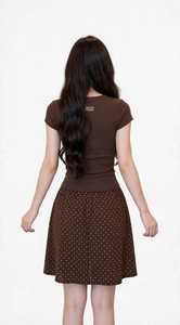 Vestido coreano de verano Oneten Apparel para mujer, camiseta ajustada con manga casquillo y cuello con lazo, falda acampanada con lunares, color marrón - Product Image 2