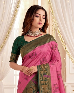 Pink and Green Silk <b>Saree</b> with Gold Zari Work Traditional Indian Wedding Wear <b>for</b> <b>Women</b> Sun Protection All Seasons - Product Image 1