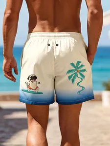 Pantalones cortos de playa con estampado de perros pug y palmeras para hombre, con cordón en la cintura y bolsillos laterales, bañadores transpirables - Product Image 2