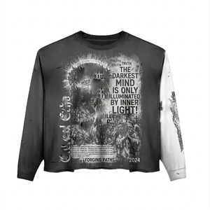 T-shirt à manches longues pour homme en coton lourd 250 GSM, gris délavé, imprimé noir, 100% coton, coupe ample, imprimé. - Product Image 1