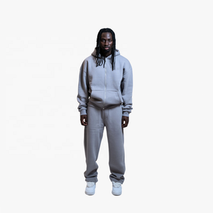 OEM Custom High Quality Men's Winter Jogger XL Size Two-Piece Zip <b>Jacket</b> <b>Rhinestone</b> Hooded Solid Cotton Zipper Fleece Tracksuits - Product Image 1