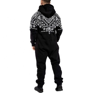 New Casual Men's Printed Romper With Front Zipper Sublimated Drawstring Hood Track Suit Zip Sleeping Wear <b>Knickers</b> Sweat Suit - Product Image 4