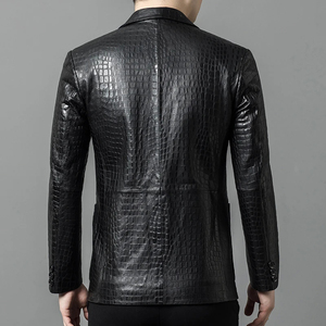 Men Black Embossed Leather <b>Blazer</b> Single Breasted Notched Collar Regular Fit Full Length Sleeve British Style Jacket - Product Image 2
