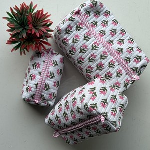 Ensemble de trousses de toilette vintage en coton, motif floral brodé, pliable, grande capacité, sans fermeture éclair - Product Image 6