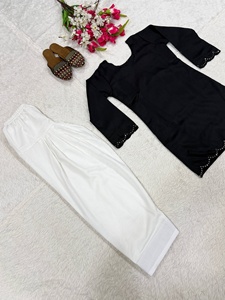 <b>Women's</b> Black Roman Silk <b>Kurta</b> With White Palazzo Pants Loose Fit Casual Wear Indian Pakistani Style All Seasons - Product Image 6