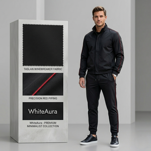 Men's Black <b>Tracksuit</b> Set Full Sleeve Stand Collar Zipper Closure Solid Color Casual Wear Polyester Material Autumn Style - Product Image 3