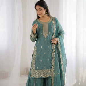 Ensemble palazzo élégant en soie avec dupatta brodée pour femmes - Product Image 1
