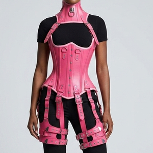 Real Leather Underbust Fully Steel Boned Harness Corset High Compression <b>Tummy</b> <b>Control</b> Breathable Pink Women's Gift - Product Image 1