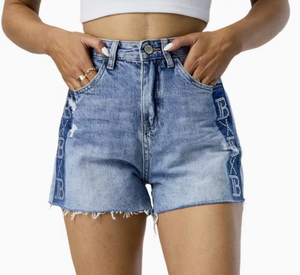 Custom Side Rhinestone Short Pants Raw Hem Frayed Denim Shorts Women - Product Image 1