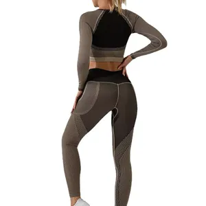 Ensemble de yoga 2 pièces pour femme : Soutien-gorge de sport et leggings taille haute longueur intégrale en maille, tenue de sport unie pour l'entraînement et le fitness - Product Image 4