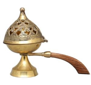 Porte-encens en laiton massif avec manche en bois Brûleur d'encens en métal pour la maison et l'utilisation décorative religieuse Brûleur d'encens en laiton - Product Image 1