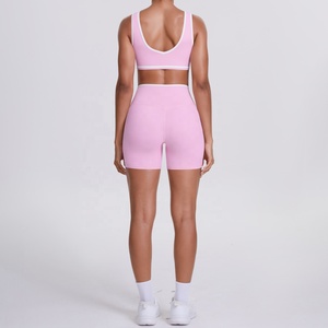 Pink Two Piece Yoga Set Racerback <b>Crop</b> <b>Top</b> High Waist Shorts Seamless Cut-Out Design Contrast Binding - Product Image 2
