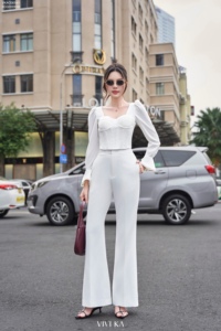 Pantalon large évasé taille haute blanc pour femme, coupe ajustée, élégant, pour le bureau ou décontracté, en polyester et élasthanne ALVA - Product Image 2