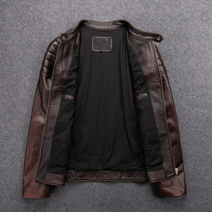 Men's Best Quality Original Cow Skin Leather Coated <b>Stand</b> Collar Vintage Design ODM Biker Style Genuine Leather Jacket - Product Image 3