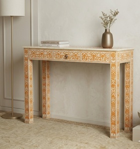 Console moderne en bois massif avec plateau en marbre, design floral incrusté, tiroir de rangement pour salon et entrée - Product Image 2