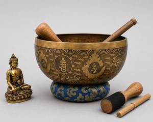 Bol chantant tibétain fait main en bronze, instrument de percussion pour la méditation, la guérison sonore et la pratique du yoga, avec marteau en bois - Product Image 1