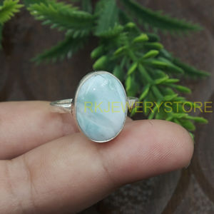 Natural Larimar Gemstone <b>Ring</b> Handmade Silver Plated <b>Statement</b> <b>Ring</b> Oval Cabochon Healing Crystal Jewelry Gift Women Unisex Him - Product Image 5