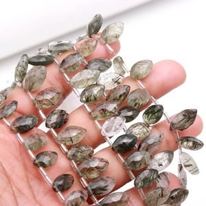 Perles de quartz rutilé noir naturel facettées en forme de marquise, perles de pierres précieuses percées sur le côté pour la fabrication de bijoux 7x12-8x13MM - Product Image 1