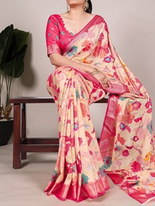 Dernier modèle de sari en soie Tussar imprimée avec bordure en viscose - Product Image 6