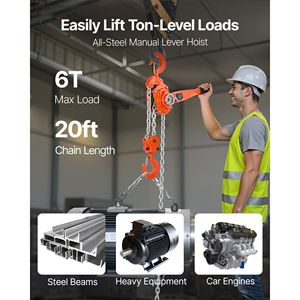 Paranco a Catena Manuale per Carichi Pesanti 6T 13200LBS Capacità 20FT Sollevamento Acciaio Legato G80 Doppio Blocco Meccanico Altezza di Sollevamento 6m - Product Image 1