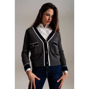 Cárdigan Gris para Mujer, Invernal, Casual, 100% Algodón, Tejido por Computadora, Sólido, con Bolsillos, Estilo Chanel, Transpirable y de Secado Rápido - Product Image 2