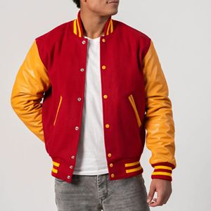 Veste de baseball vintage unisexe, corps en laine rouge, manches en simili cuir, veste bomber style Letterman, uniforme d'équipe scolaire, patchwork sur le devant - Product Image 5